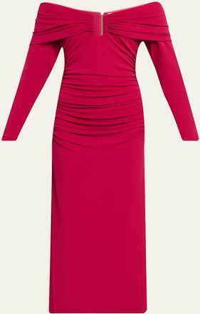 Carolina Herrera Off-The-Shoulder Long-Sleeve Ruched Jersey Midi Dress