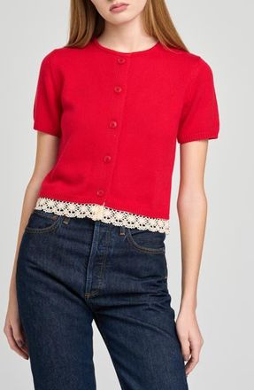 Wayf Carine Lace Trim Button Front Cardigan in Red at Nordstrom, Size X-Large