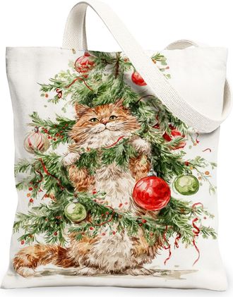 Generic Christmas Cat Canvas Tote Bags, Festive Feline Design Reusable Grocery Bags, Lightweight Washable Shoulder Strap Canvas for, White, 13x15 Inch