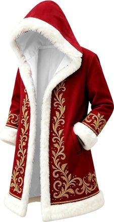 Generic Red Velvet Christmas Costume for Men Red Hooded Cape Santa Coat Plush Lining Long Sleeve Longline Soft Warm Fluffy Festival Holiday Party Xmas Winter 