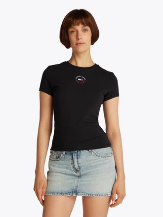 Tommy Jeans T-Shirt TOMMY JEANS TJW SLIM ESSENTIAL LOGO 2 TEE, Damen, Gr. XL (42), schwarz, Single Jersey, Obermaterial: 70% Baumwolle, 30% Viskose, unifarben, Ba