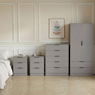 Home Discount Trega Bedroom Furniture Set 4pc - 2x 3 Drawer Bedside, 5 Drawer Chest & 2 Door Wardrobe, Grey