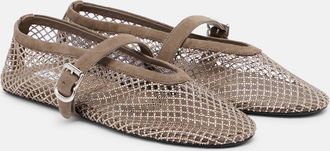 Alaia Ala&iuml;a Embellished suede-trimmed fishnet ballet flats
