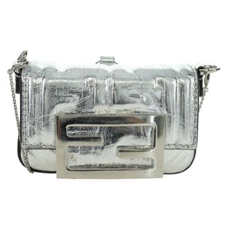 Fendi Baguette Nm Zucca Embossed Leather Silver Canvas Handbag (Pre-Owned)