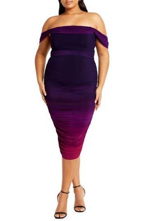 City Chic Ombr&eacute; Ruched Square Neck Cap Sleeve Dress in Magenta Ombre at Nordstrom Rack, Size Xxs/12W