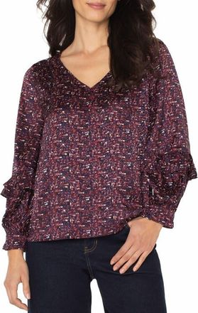Liverpool L.A. Ruffle Balloon Sleeve Jacquard Top in Burgundy Multi at Nordstrom, Size Large