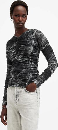 AllSaints Womens Polyester Keiko Mesh Gathered V-Neck Top, Size: UK 16/US 12