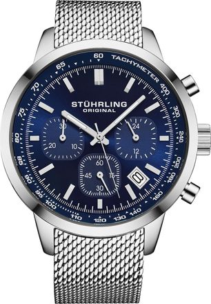 St&uuml;hrling Chronoport 4082 Mens 44mm - Blue Stainless Steel - One Size