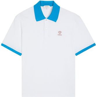 Versace Logo-embroidered Piqu&eacute; Cotton Polo Shirt - White And Blue - Xxl