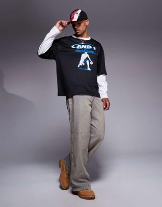 AND1 Maglietta a maniche lunghe oversize sportiva in jersey nera a doppio strato-Nero