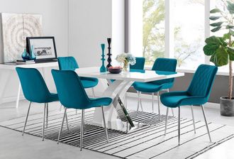 Furniturebox Atlanta 6 White Dining Table & 6 Pesaro Silver Leg Chairs in Blue