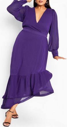 City Chic Antoinette Long Sleeve Asymmetric Midi Dress in Purple at Nordstrom