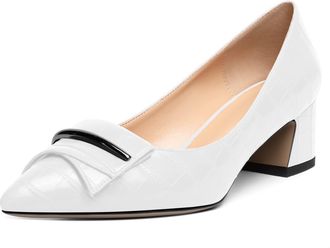 EDEFS Women Pointed Toe Block Heel Pumps Slip on Low Heels Pointed Toe Court Shoes Classic Buckle Design 2 Block Heeled Shoes Crocodile White UK2