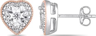 Amour 1/10 CT TW Diamond Milgrain Filigree Heart Shaped Stud Earrings In 2 Tone White and Rose Plated Sterling Silver