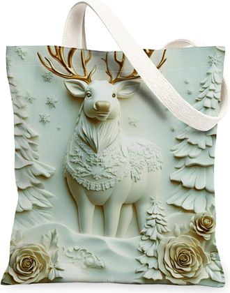 Generic Winter Reindeer Canvas Tote Bags, Elegant Floral Design Lightweight Washable Shoulder Strap Grocery Bags for Christmas Outd, White, 13x15 Inch