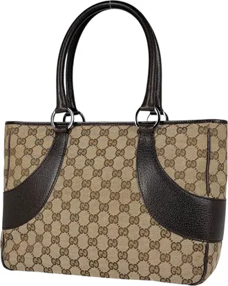 Gucci Gg Canvas Beige Brown Gg Canvas Leather Tote Bag (Pre-Owned)