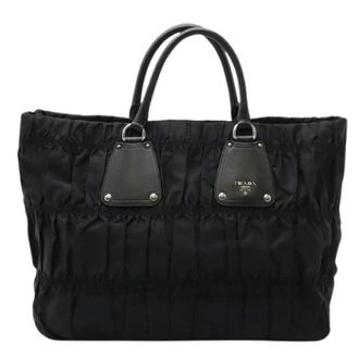 Prada Pre-owned Tote Bags, female, Black, Size: ONE SIZE Pre-owned Gathered Nylon Leather Tote Bag