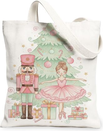 Generic Christmas Nutcracker Canvas Tote Bags, Ballet Holiday Pattern Reusable Grocery Bags, Vintage Lightweight Washable Shoulder, White, 13x15 Inch