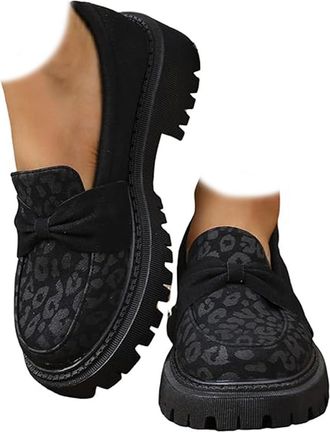 Generic Womens Platform Suede Loafers with Leopard Print Bow - Chunky Heel Slip-On Shoes, Wide Width Comfort Casual Flats for Women Comfortable Non-Slip Busin