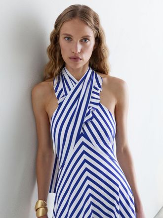 Reiss Blue & Striped Halterneck Ruffle Maxi Dress, 18