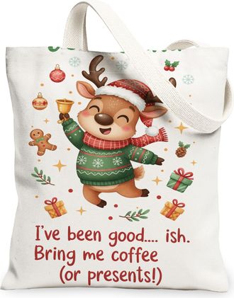 Generic Christmas Reindeer Canvas Tote Bags, Cute Holiday Animal Pattern Reusable Bags, Lightweight Washable Shoulder Strap Canvas, White, 13x15 Inch