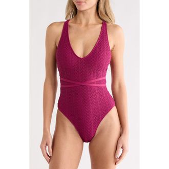 Roxy Crochet Plunge Neck Tie Back One-Piece Swimsuit in Raspberry at Nordstrom Rack, Size X-Large