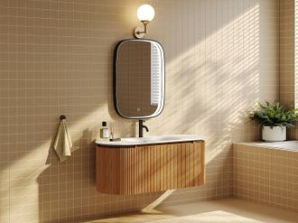 Vente-Unique Mobile bagno sospeso scanalato in legno di frassino con lavabo da incasso in resina bianco opaco Naturale chiaro L120 cm - LILIKO