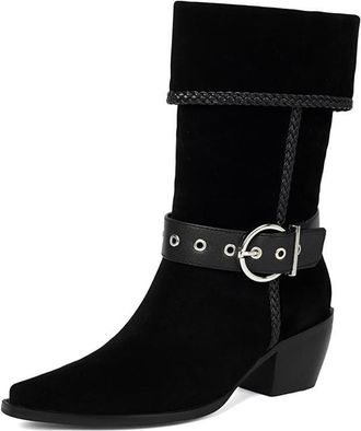 Generic Womens Suede-Like Mid Calf Boots Pointed Toe Buckle Chunky Heels Comfortable Slip Resistant Durable Fashion Western Party Office Daily Shoes,Black,4.5