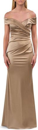 La Femme Off the Shoulder Stretch Satin Evening Dress in Pewter at Nordstrom, Size 10