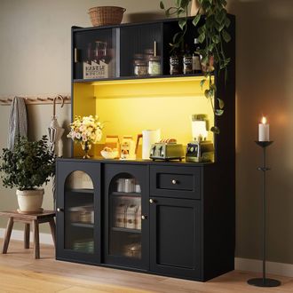 Merax Kitchen Pantry Cabinet With LED Light, Hutch & Worktop in Black