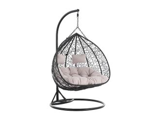 Vente-Unique Sill&oacute;n colgante de 2 plazas de resina trenzada - Negro con cojines grises - CAYAMBE de MYLIA