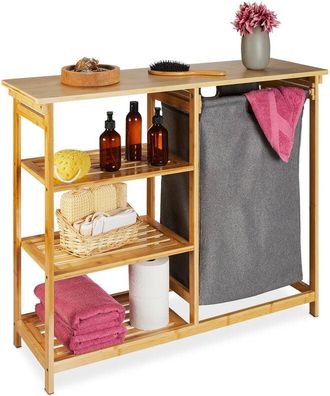 Relaxdays Relaxdays - Bamboo Laundry Basket Shelf, 3 Levels, Removable Fabric Bag, HxWxD: 80x100x32cm, Bathroom Bin, Natural/Grey