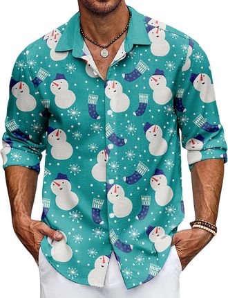 Generic Mens Christmas Shirt Long Sleeve Xmas Holiday Party Dress Shirts Button Down Funny Print Hawaiian Santa Shirt (UK, Alpha, 5XL, Regular, Regular, Style