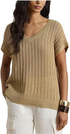 Lauren Ralph Lauren Petite Cotton-Blend Mesh Short Sleeve Sweater Womens Clothing Birch Tan : PL