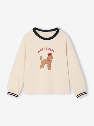 Vertbaudet M&auml;dchen Shirt mit Glitzerhund und Recycling-Baumwolle vanille