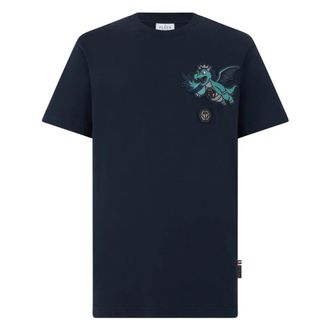Philipp Plein T-shirt Ronde Hals SS Draak - Heren - T-shirts - Blauw - S - Katoen - Tops