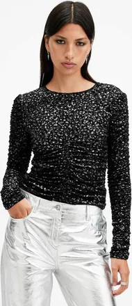AllSaints Polyester/Polyamide Eris Metallic Leopard Print Top, Size: UK 16/US 12