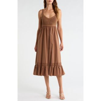 ASTR the Label Jacquelin Mixed Media Back Cutout Midi Dress in Camel at Nordstrom, Size X-Small