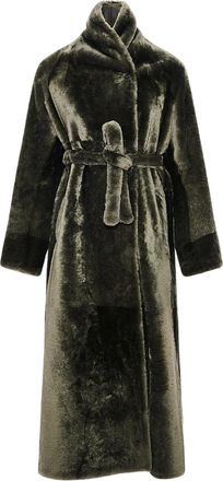Yves Salomon Deep Green Belted Shearling Coat