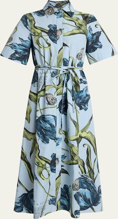 Erdem Floral-Print Cotton Short-Sleeve Midi Shirtdress