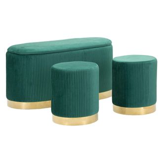 Dmora Panca Soroti, Con Dos Taburetes, Banco Con Almacenaje, Estructura De Metal, Color Asiento Verde, 80x37x42h Cm Verde