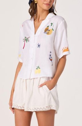 ASTR the Label Vesa Embroidered Detail Button-Up Shirt in White Tropical Multi at Nordstrom, Size X-Small