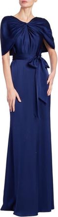 Badgley Mischka Drape Back Hammer Satin Gown in Navy at Nordstrom, Size 4