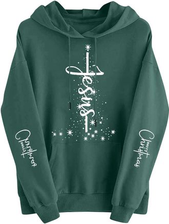 Generic Christmas Sweatshirts for Women Christmas Graphic Oversized Hoodies Fashion Drawstring Long Sleeve Pullover Tops Loose Hooded Jumpers Xmas Vacation Ou