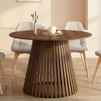 IDMarket Carmen Mesa De Comedor Redonda Para 6 Personas Con Patas De Listones De Nogal Y Tablero De Nogal De 110 Cm