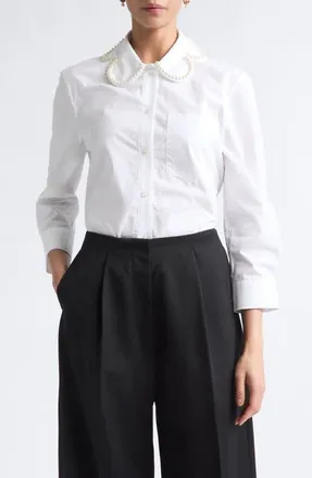 Simone Rocha Crop Petal Collar Cotton Button-Up Shirt in White/pearl at Nordstrom, Size 12