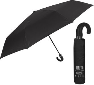 Perletti Mens Portable Umbrella with Curved Handle - Ultra-Light Windproof Durable Umbrella - Compact Automatic Open and Close Umbrella - Diameter 104 cm, Blac