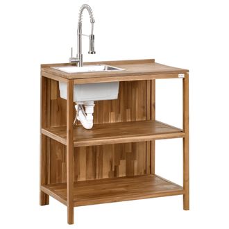 Beliani Isla De Cocina Exterior De Madera De Acacia Con Fregadero Y Grifo Estantes 50 X 80 X 90 Cm Encimera De Madera Maciza Acero Inoxidable Marr&oacute;n Y Platead