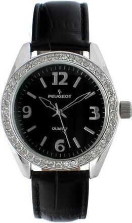 Peugeot Round Crystal Accented Bezel Leather Watch - 40MM in Black at Nordstrom