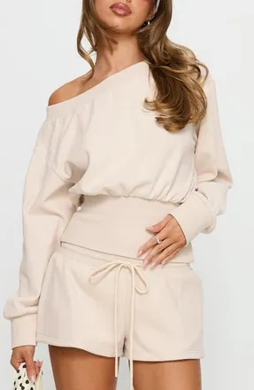 Princess Polly Cassey Off the Shoulder Slouchy Sweatshirt in Cream at Nordstrom, Size 10